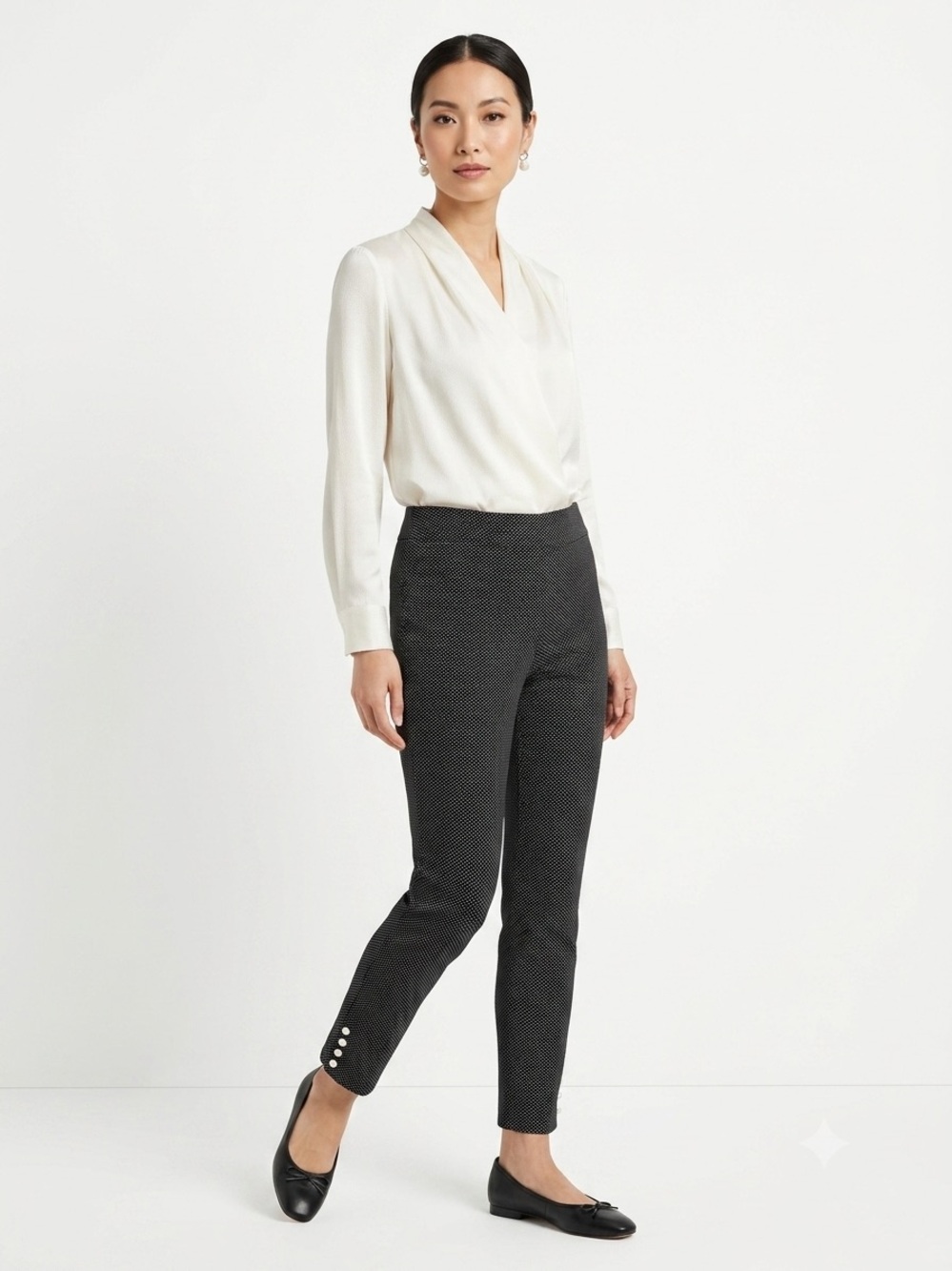 89th & Madison Black Micro Dot Ankle Pants M Pearl Button Stretch